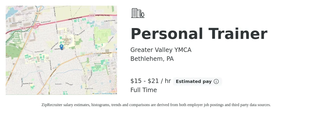 Greater Valley YMCA job posting for a Personal Trainer in Bethlehem, PA with a salary of $16 to $22 Hourly with a map of Bethlehem location.