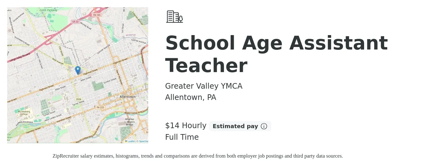 Greater Valley YMCA job posting for a School Age Assistant Teacher in Allentown, PA with a salary of $15 Hourly with a map of Allentown location.