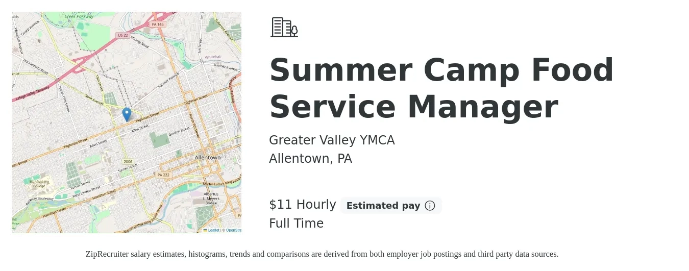 Greater Valley YMCA job posting for a Summer Camp Food Service Manager in Allentown, PA with a salary of $12 Hourly with a map of Allentown location.
