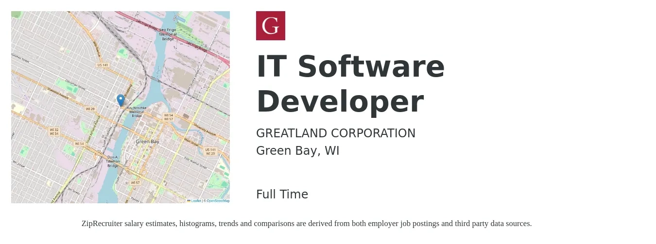 GREATLAND CORPORATION job posting for a IT Software Developer in Green Bay, WI with a salary of $42 to $69 Hourly with a map of Green Bay location.