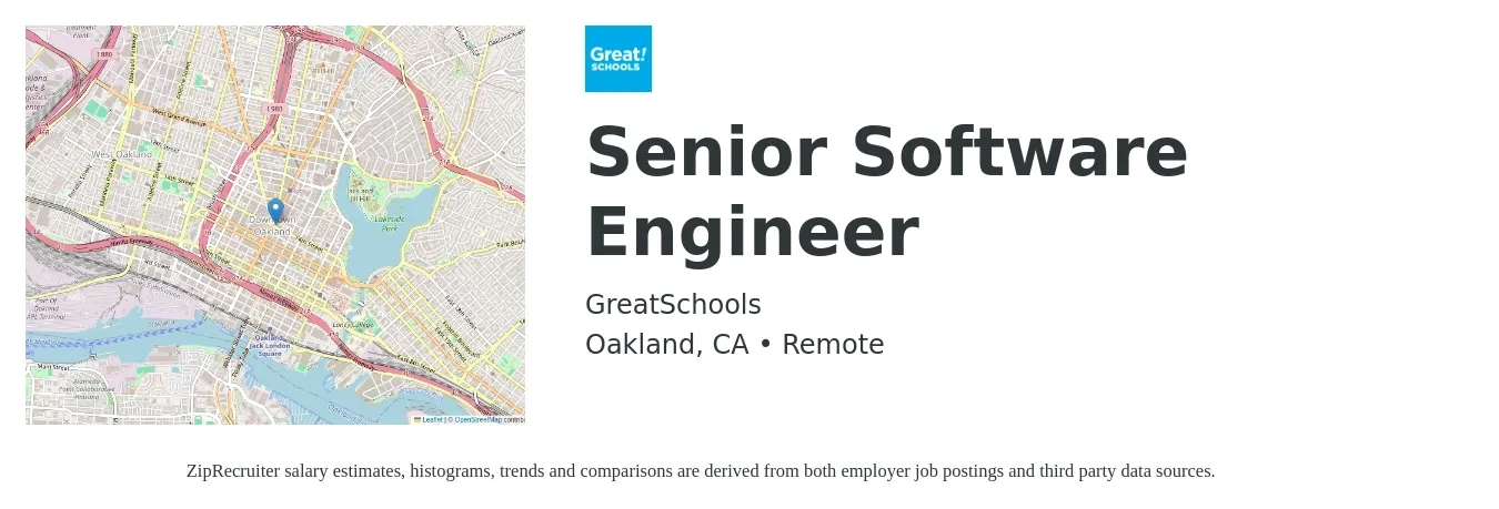 GreatSchools job posting for a Senior Software Engineer in Oakland, CA with a salary of $130,000 to $145,000 Yearly with a map of Oakland location.