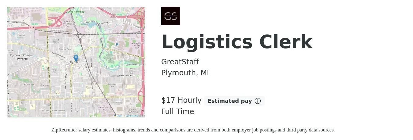 GreatStaff job posting for a Logistics Clerk in Plymouth, MI with a salary of $18 to $18 Hourly with a map of Plymouth location.