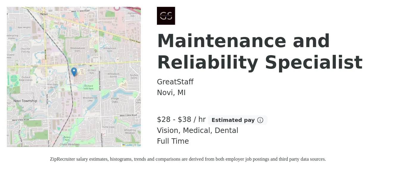 GreatStaff job posting for a Maintenance and Reliability Specialist in Novi, MI with a salary of $30 to $40 Hourly and benefits including retirement, vision, dental, life_insurance, medical, and pto with a map of Novi location.