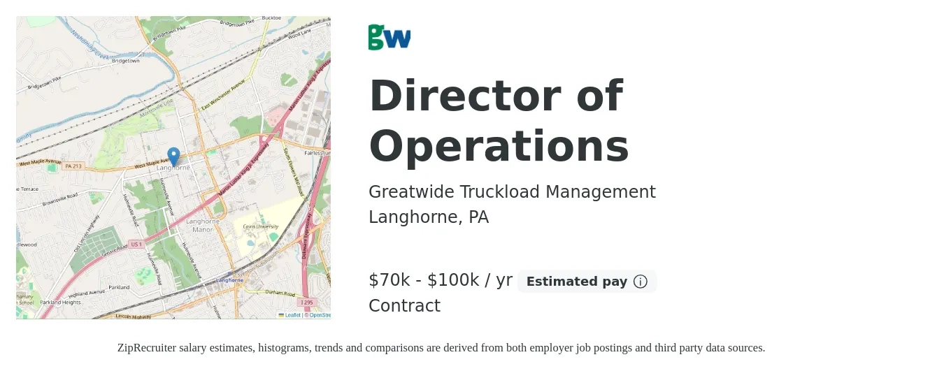 Greatwide Truckload Management job posting for a Director of Operations in Langhorne, PA with a salary of $70,000 to $100,000 Yearly with a map of Langhorne location.