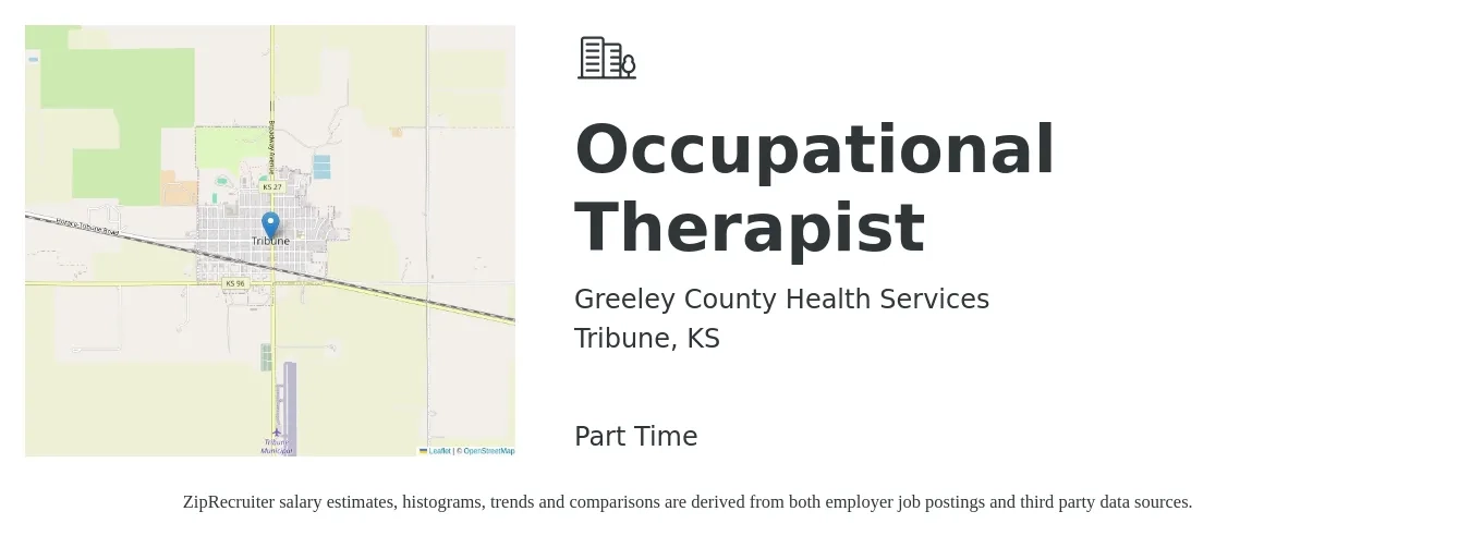 Greeley County Health Services job posting for a Occupational Therapist in Tribune, KS with a salary of $36 to $48 Hourly with a map of Tribune location.