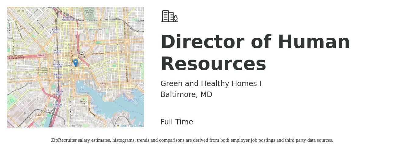 Green and Healthy Homes I job posting for a Director of Human Resources in Baltimore, MD with a salary of $87,900 to $135,600 Yearly with a map of Baltimore location.