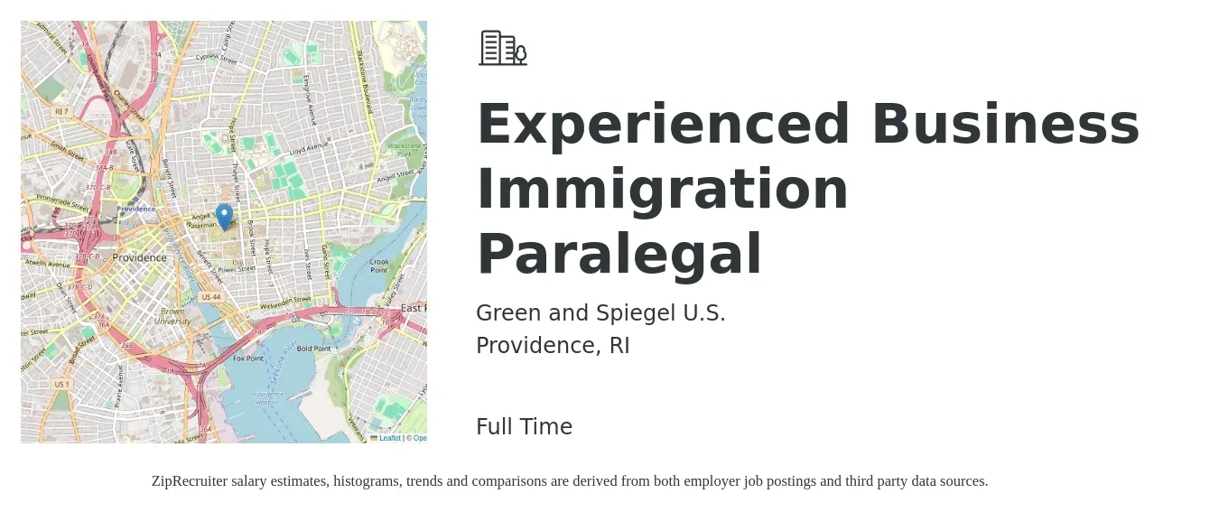 Green and Spiegel U.S. job posting for a Experienced Business Immigration Paralegal in Providence, RI with a salary of $47,000 to $74,300 Yearly with a map of Providence location.