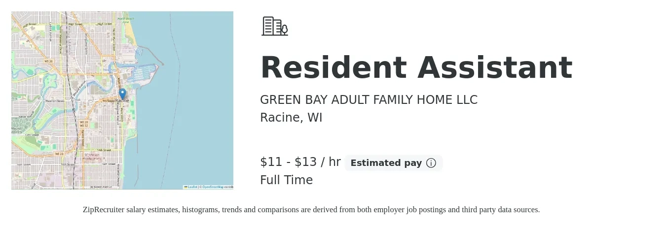 GREEN BAY ADULT FAMILY HOME LLC job posting for a Resident Assistant in Racine, WI with a salary of $12 to $14 Hourly with a map of Racine location.