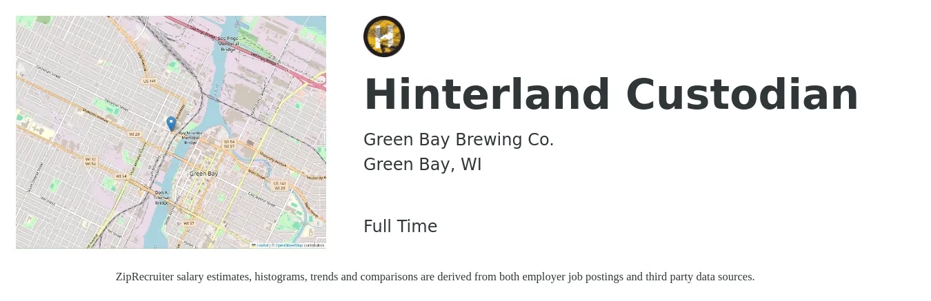 Green Bay Brewing Co. job posting for a Hinterland Custodian in Green Bay, WI with a salary of $14 to $18 Hourly with a map of Green Bay location.