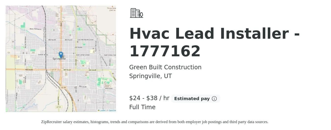 Green Built Construction job posting for a Hvac Lead Installer - 1777162 in Springville, UT with a salary of $25 to $40 Hourly with a map of Springville location.