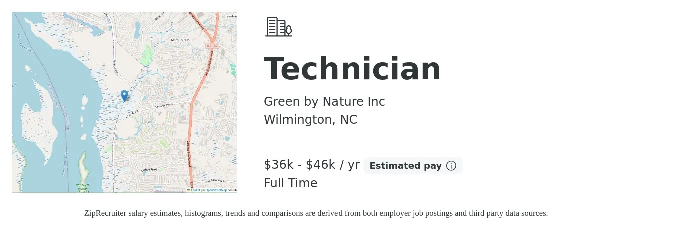Green by Nature Inc job posting for a Technician in Wilmington, NC with a salary of $36,400 to $46,800 Yearly with a map of Wilmington location.
