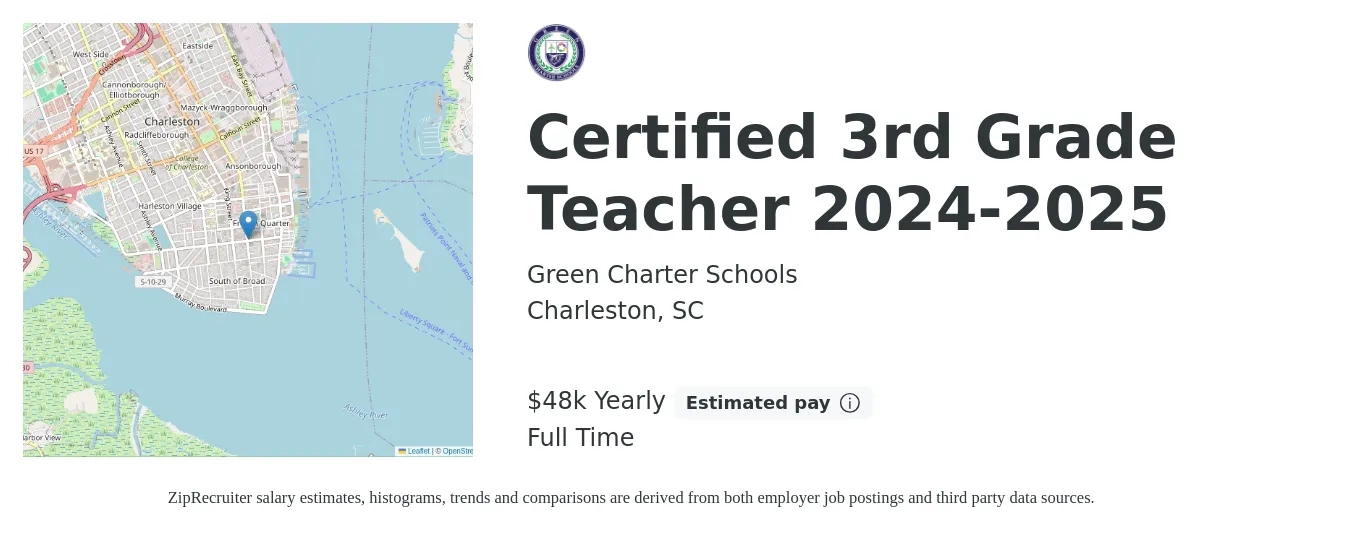 Green Charter Schools job posting for a Certified 3rd Grade Teacher 2024-2025 in Charleston, SC with a salary of $48,940 Yearly with a map of Charleston location.