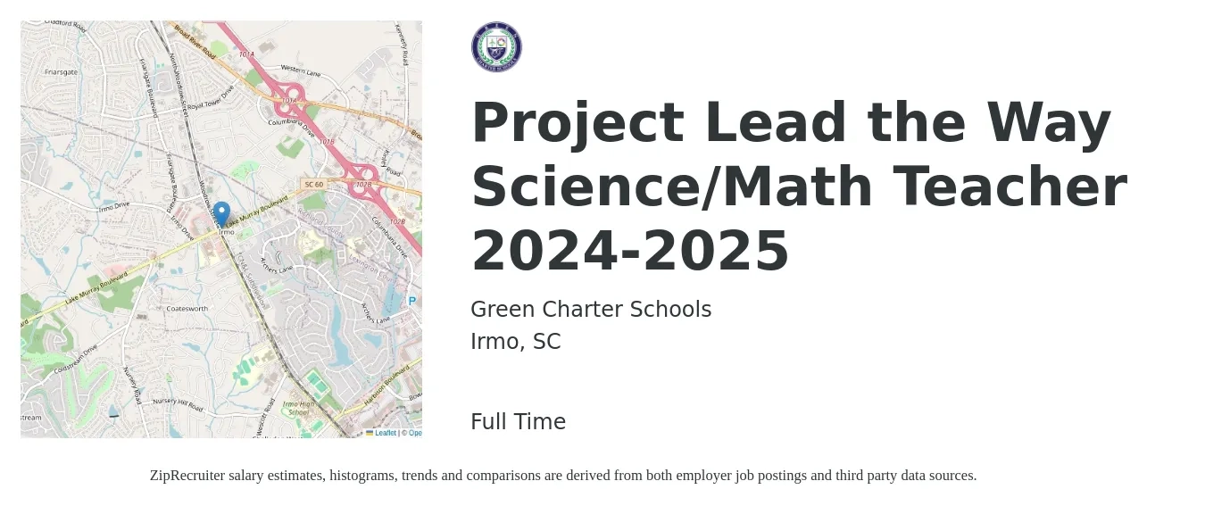 Green Charter Schools job posting for a Project Lead the Way Science/Math Teacher 2024-2025 in Irmo, SC with a salary of $38,400 to $49,800 Yearly with a map of Irmo location.