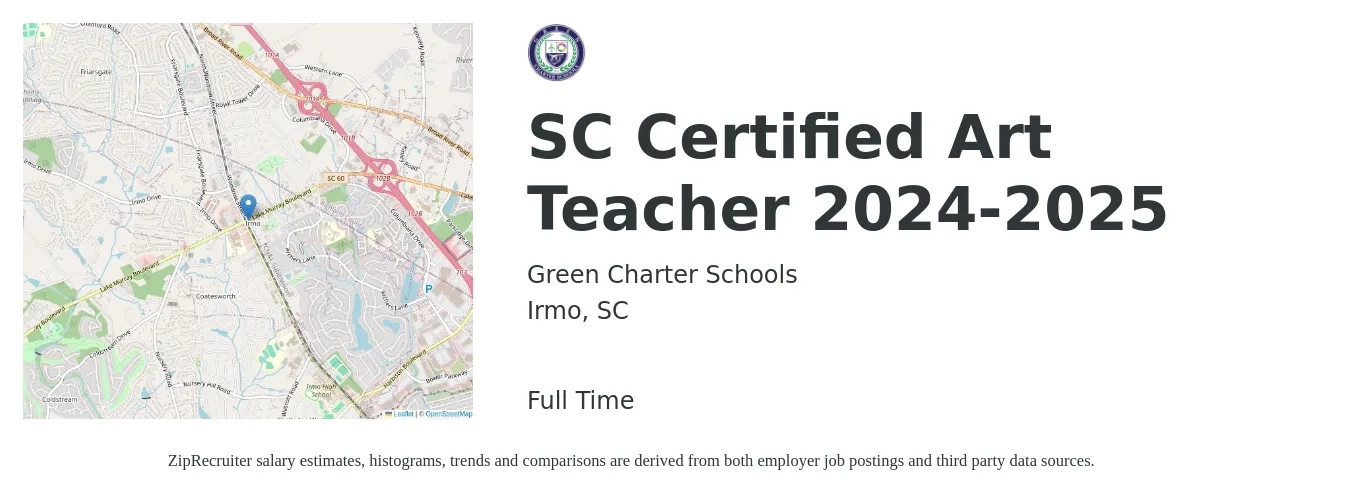 Green Charter Schools job posting for a SC Certified Art Teacher 2024-2025 in Irmo, SC with a salary of $38,800 to $49,400 Yearly with a map of Irmo location.