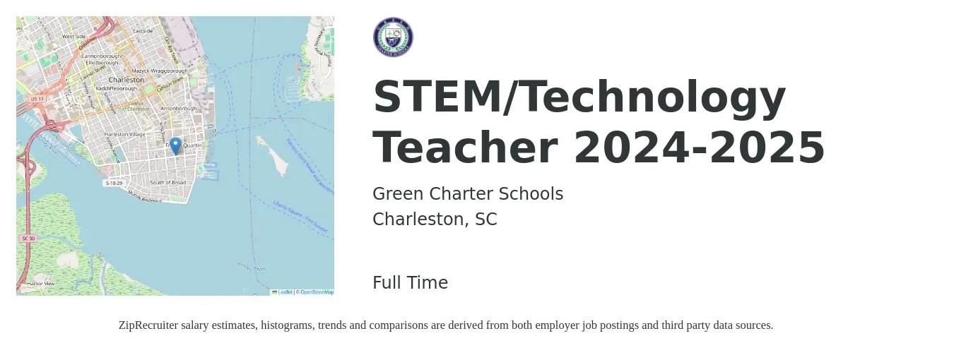 Green Charter Schools job posting for a STEM/Technology Teacher 2024-2025 in Charleston, SC with a salary of $48,940 Yearly with a map of Charleston location.