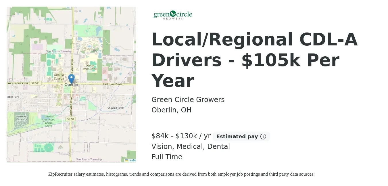 Green Circle Growers job posting for a Local/Regional CDL-A Drivers - $105k Per Year in Oberlin, OH with a salary of $84,000 to $130,000 Yearly and benefits including medical, pto, retirement, vision, dental, and life_insurance with a map of Oberlin location.