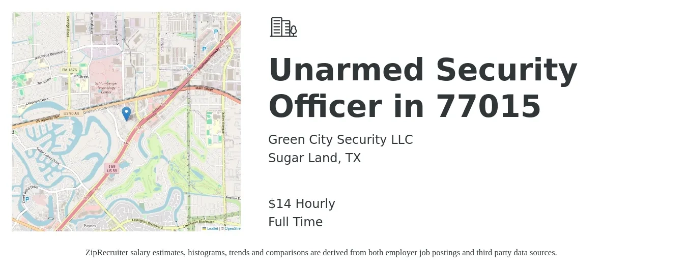 Green City Security job posting for a Unarmed Security Officer in 77015 in Sugar Land, TX with a salary of $15 Hourly with a map of Sugar Land location.