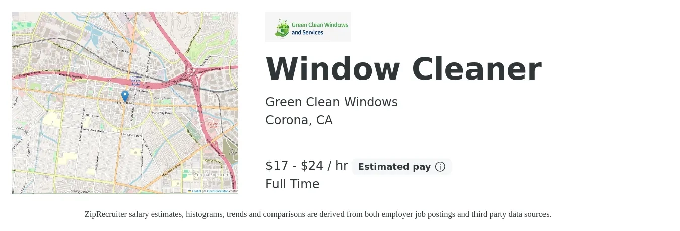 Green Clean Windows job posting for a Window Cleaner in Corona, CA with a salary of $18 to $25 Hourly with a map of Corona location.