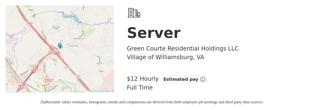 Green Courte Residential Holdings LLC job posting for a Server in Village of Williamsburg, VA with a salary of $13 to $14 Hourly with a map of Village of Williamsburg location.