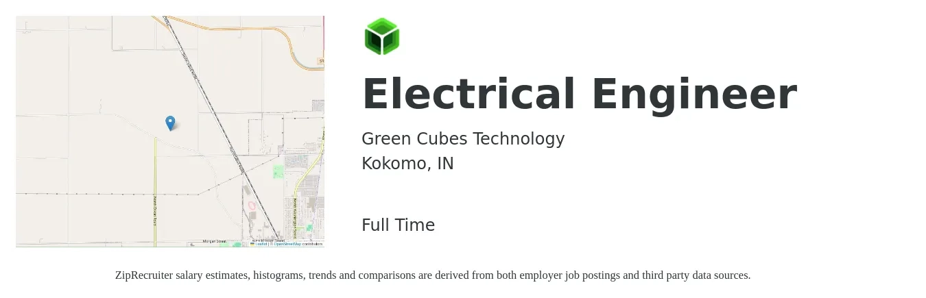 Green Cubes Technology job posting for a Electrical Engineer in Kokomo, IN with a salary of $72,400 to $115,100 Yearly with a map of Kokomo location.