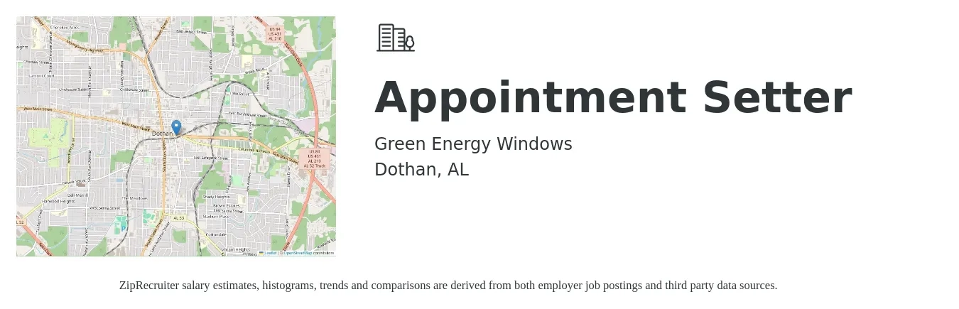 Green Energy Windows job posting for a Appointment Setter in Dothan, AL with a salary of $60,000 to $70,000 Yearly with a map of Dothan location.