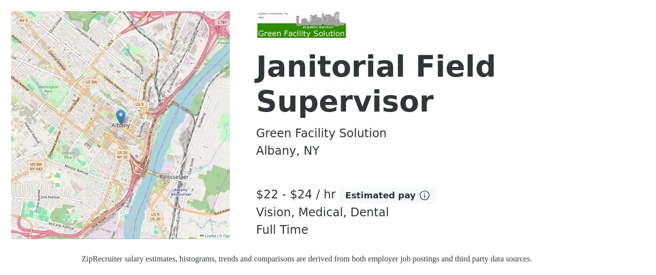 Green Facility Solution job posting for a Janitorial Field Supervisor in Albany, NY with a salary of $23 to $25 Hourly and benefits including medical, retirement, vision, dental, and life_insurance with a map of Albany location.