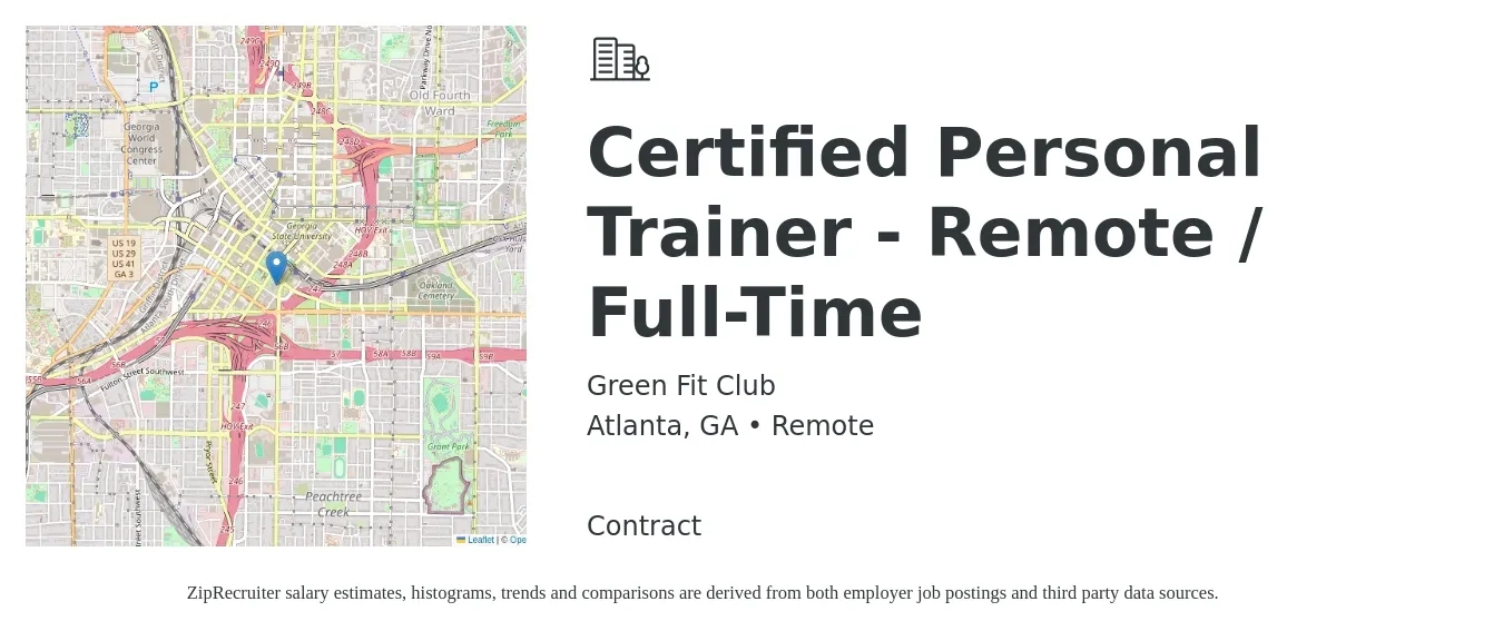 Green Fit Club job posting for a Certified Personal Trainer - Remote / Full-Time in Atlanta, GA with a salary of $36,000 to $50,000 Yearly with a map of Atlanta location.