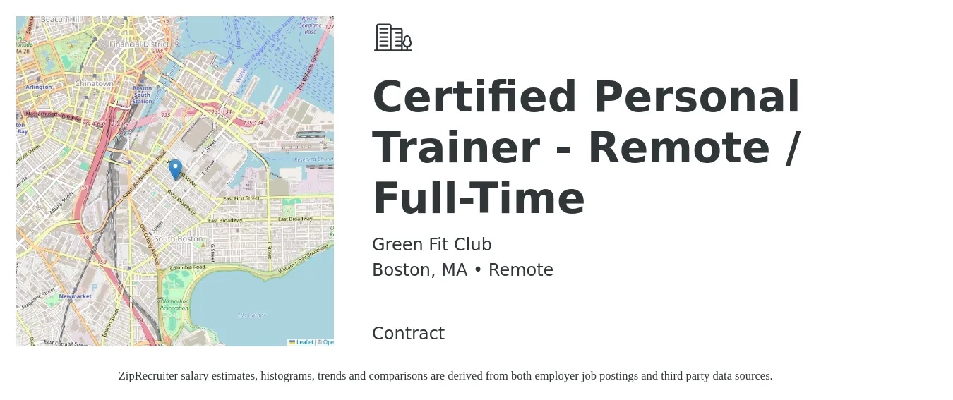 Green Fit Club job posting for a Certified Personal Trainer - Remote / Full-Time in Boston, MA with a salary of $36,000 to $50,000 Yearly with a map of Boston location.