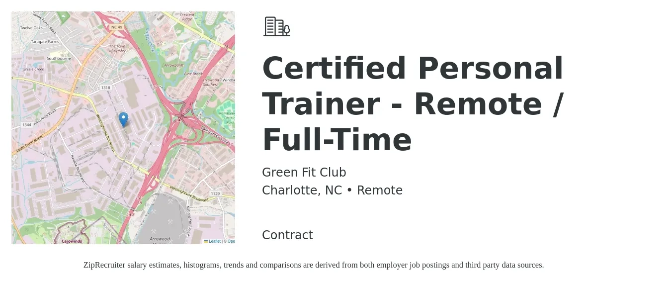 Green Fit Club job posting for a Certified Personal Trainer - Remote / Full-Time in Charlotte, NC with a salary of $36,000 to $50,000 Yearly with a map of Charlotte location.