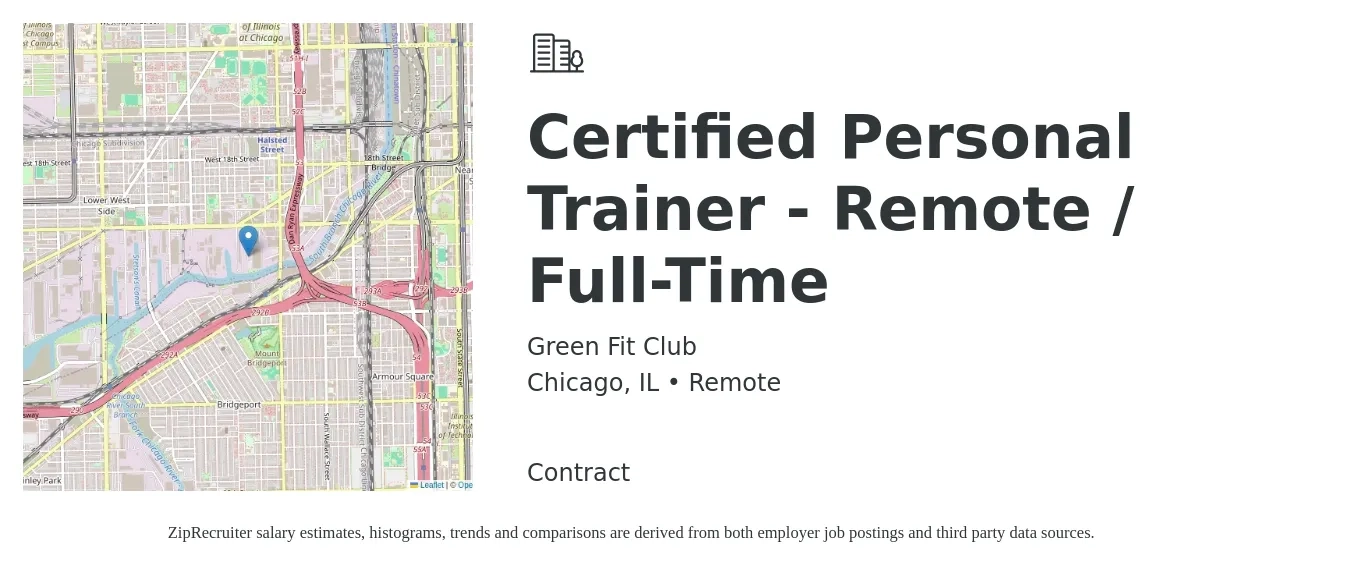 Green Fit Club job posting for a Certified Personal Trainer - Remote / Full-Time in Chicago, IL with a salary of $36,000 to $50,000 Yearly with a map of Chicago location.