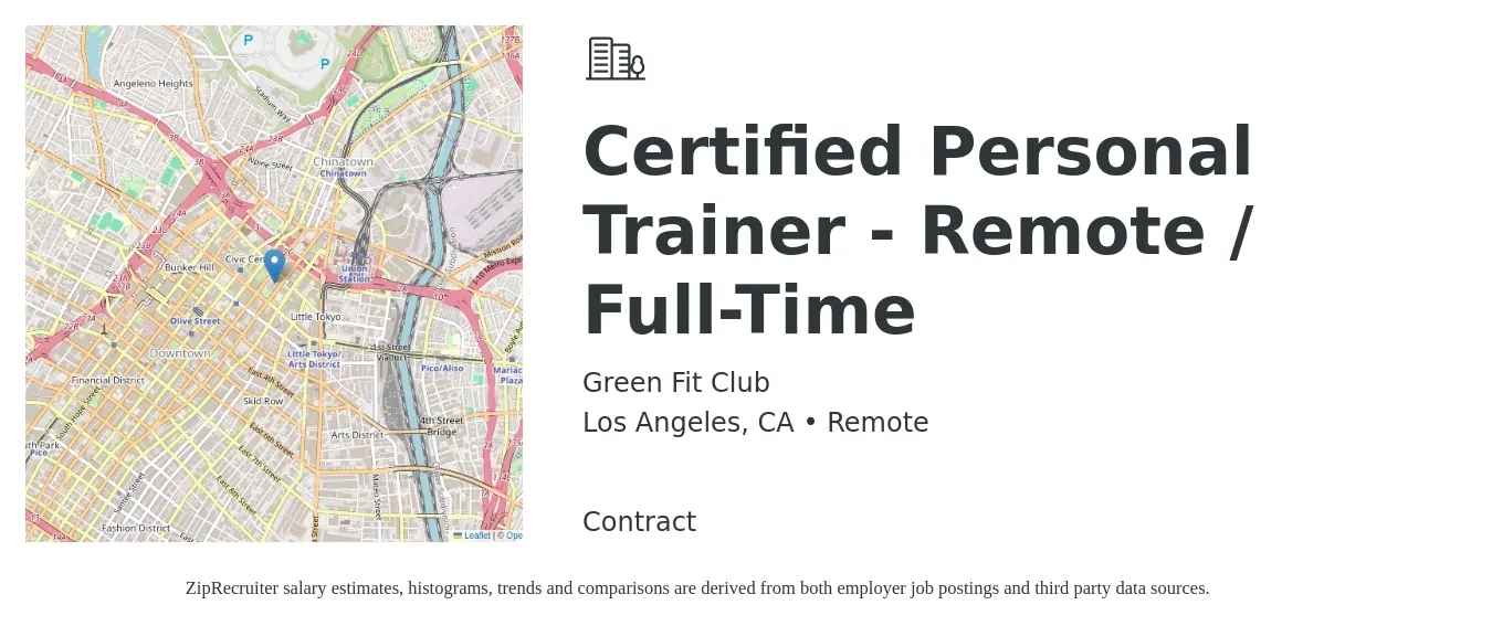 Green Fit Club job posting for a Certified Personal Trainer - Remote / Full-Time in Los Angeles, CA with a salary of $36,000 to $50,000 Yearly with a map of Los Angeles location.