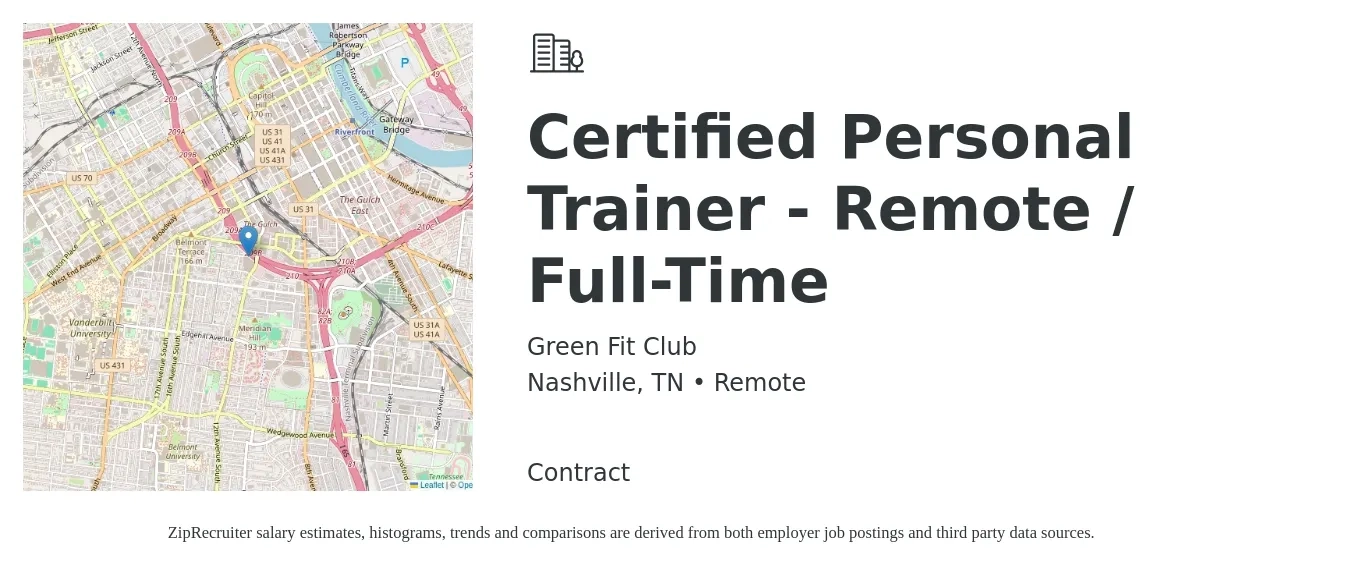Green Fit Club job posting for a Certified Personal Trainer - Remote / Full-Time in Nashville, TN with a salary of $36,000 to $50,000 Yearly with a map of Nashville location.