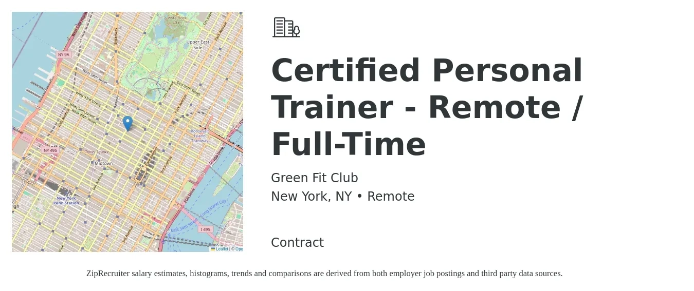 Green Fit Club job posting for a Certified Personal Trainer - Remote / Full-Time in New York, NY with a salary of $36,000 to $50,000 Yearly with a map of New York location.
