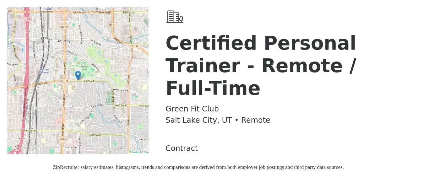 Green Fit Club job posting for a Certified Personal Trainer - Remote / Full-Time in Salt Lake City, UT with a salary of $36,000 to $50,000 Yearly with a map of Salt Lake City location.