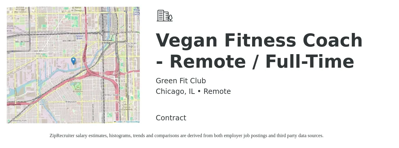 Green Fit Club job posting for a Vegan Fitness Coach - Remote / Full-Time in Chicago, IL with a salary of $36,000 to $50,000 Yearly with a map of Chicago location.
