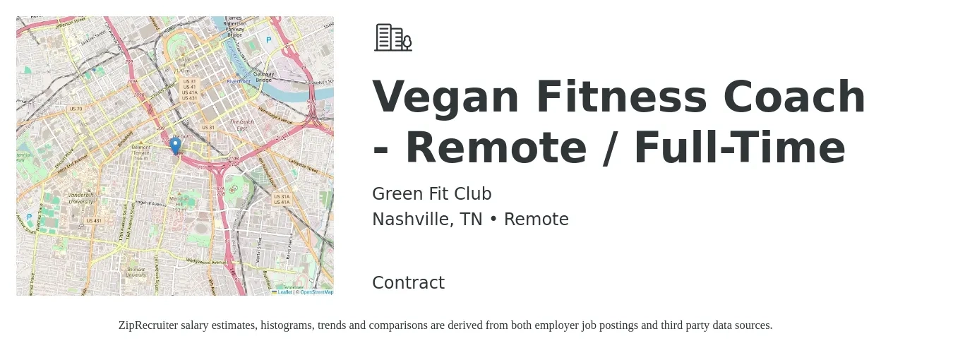 Green Fit Club job posting for a Vegan Fitness Coach - Remote / Full-Time in Nashville, TN with a salary of $36,000 to $50,000 Yearly with a map of Nashville location.