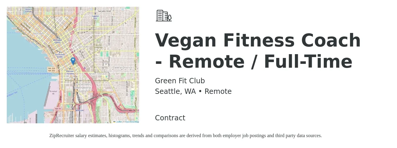 Green Fit Club job posting for a Vegan Fitness Coach - Remote / Full-Time in Seattle, WA with a salary of $36,000 to $50,000 Yearly with a map of Seattle location.