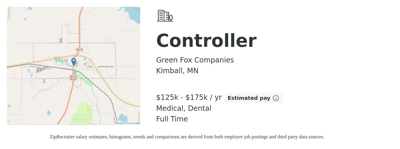 Green Fox Companies job posting for a Controller in Kimball, MN with a salary of $125,000 to $175,000 Yearly and benefits including dental, life_insurance, medical, pto, and retirement with a map of Kimball location.