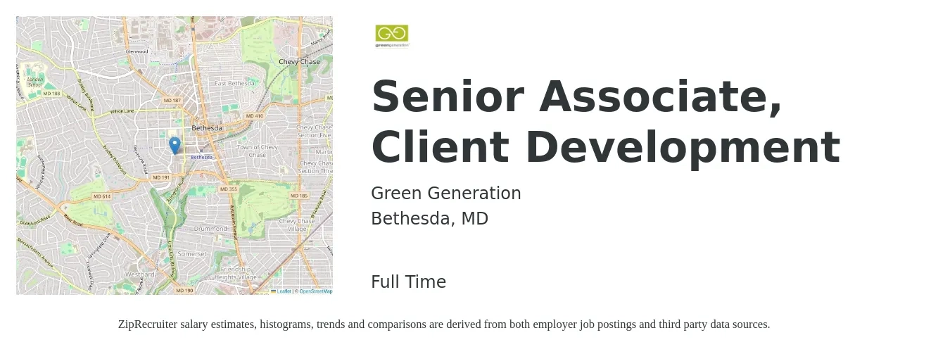 Green Generation job posting for a Senior Associate, Client Development in Bethesda, MD with a salary of $47,600 to $101,700 Yearly with a map of Bethesda location.