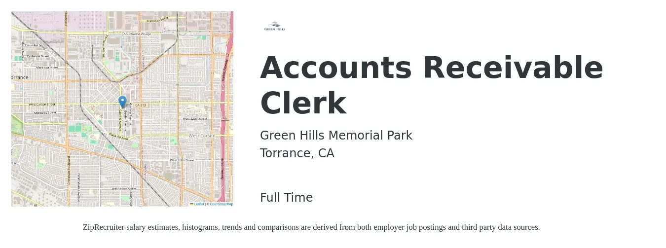 Green Hills Memorial Park job posting for a Accounts Receivable Clerk in Torrance, CA with a salary of $26 to $28 Hourly and benefits including medical, pto, retirement, vision, dental, and life_insurance with a map of Torrance location.