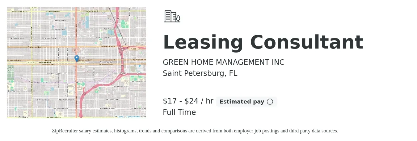 GREEN HOME MANAGEMENT INC job posting for a Leasing Consultant in Saint Petersburg, FL with a salary of $18 to $25 Hourly with a map of Saint Petersburg location.