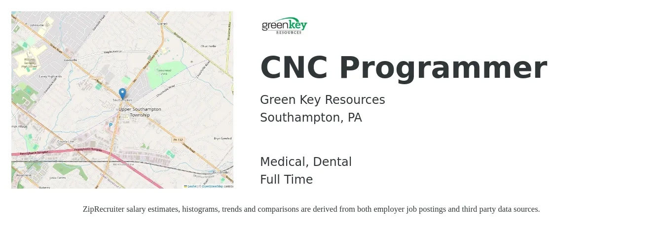 Green Key Resources job posting for a CNC Programmer in Southampton, PA with a salary of $26 to $35 Hourly and benefits including dental, life_insurance, medical, pto, and retirement with a map of Southampton location.