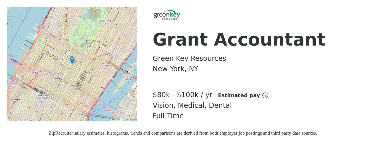 Green Key Resources job posting for a Grant Accountant in New York, NY with a salary of $80,000 to $100,000 Yearly and benefits including medical, pto, retirement, vision, dental, and life_insurance with a map of New York location.