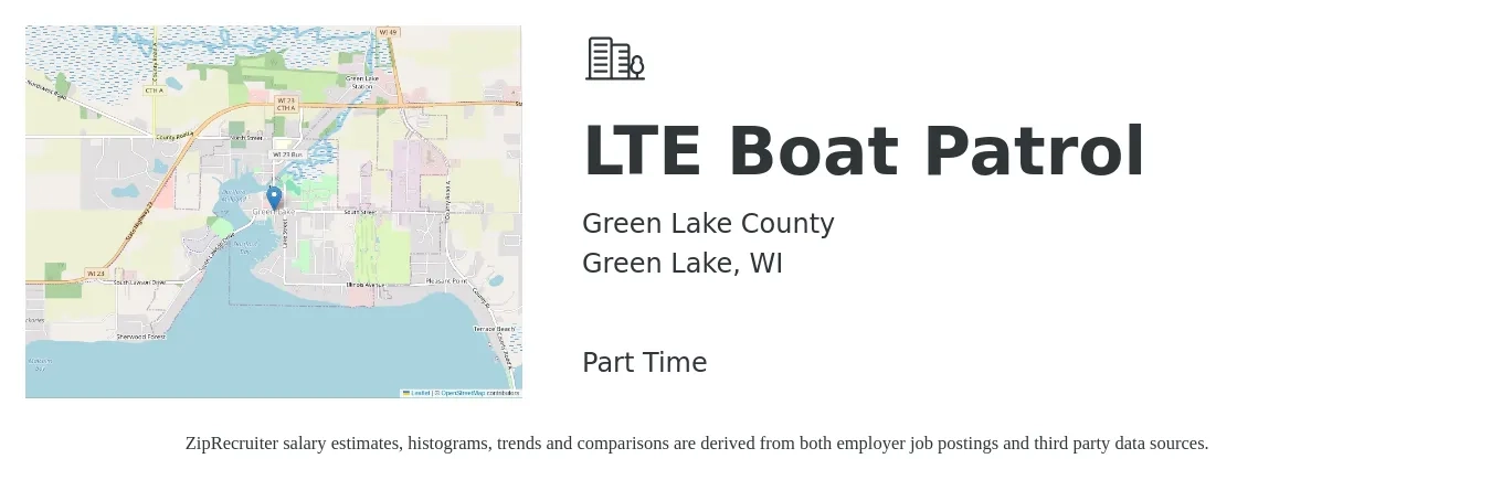 Green Lake County job posting for a LTE Boat Patrol in Green Lake, WI with a salary of $54,700 to $83,100 Yearly with a map of Green Lake location.