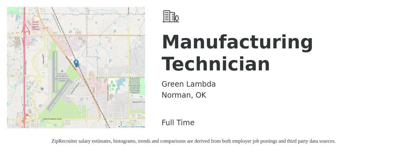 Green Lambda job posting for a Manufacturing Technician in Norman, OK with a salary of $18 to $26 Hourly with a map of Norman location.