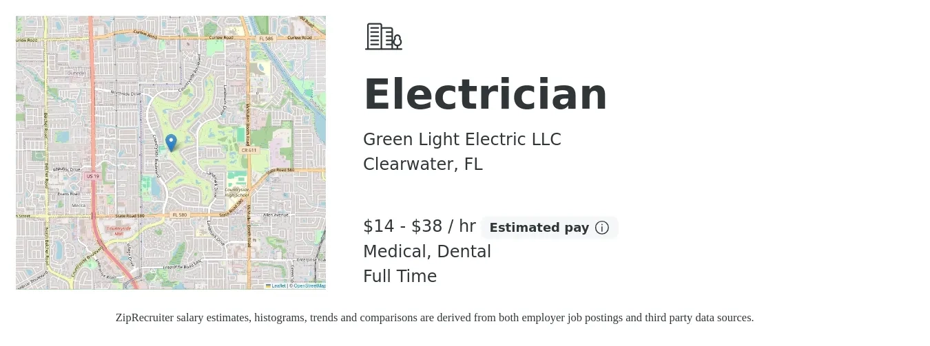 Green Light Electric LLC job posting for a Electrician in Clearwater, FL with a salary of $15 to $40 Hourly (plus commission) and benefits including dental, medical, and pto with a map of Clearwater location.