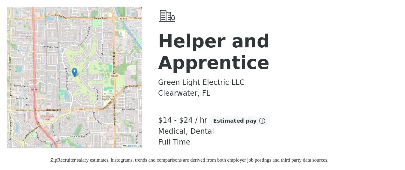 Green Light Electric LLC job posting for a Helper and Apprentice in Clearwater, FL with a salary of $15 to $25 Hourly and benefits including dental, medical, and pto with a map of Clearwater location.
