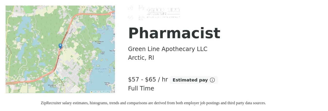 Green Line Apothecary LLC job posting for a Pharmacist in Arctic, RI with a salary of $60 to $68 Hourly with a map of Arctic location.