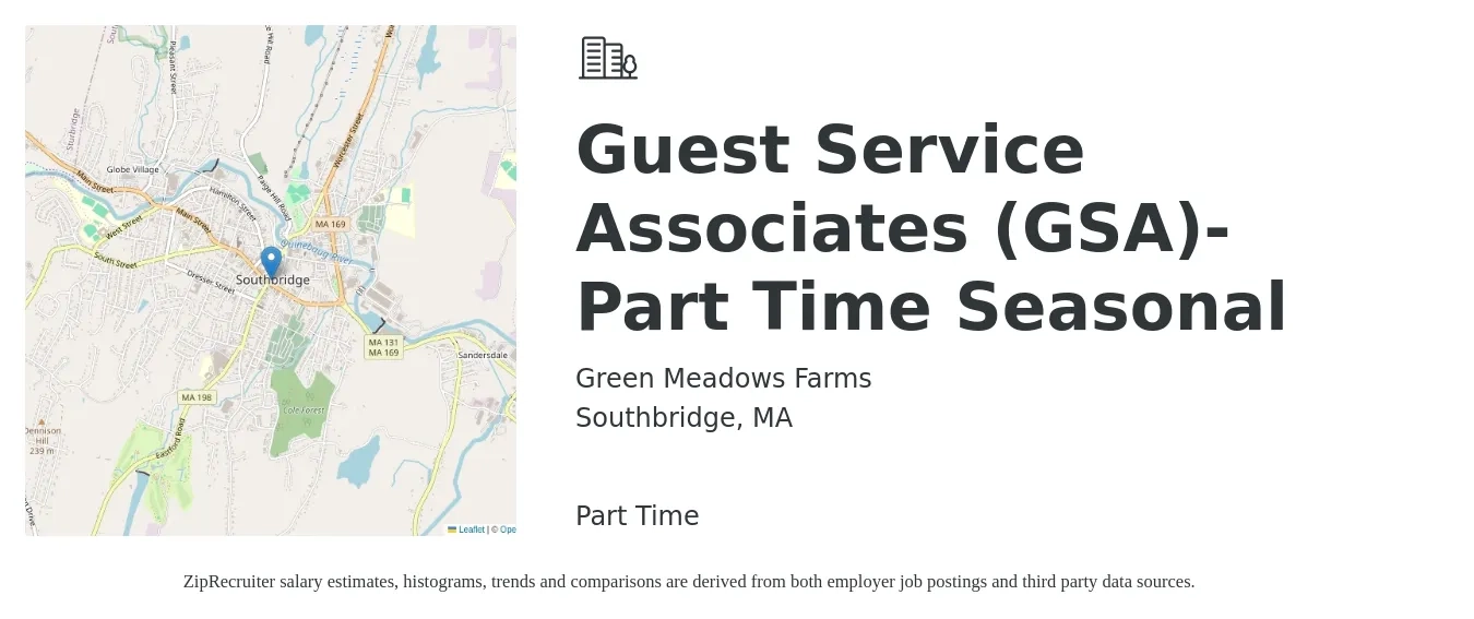 Green Meadows Farms job posting for a Guest Service Associates (GSA)- Part Time Seasonal in Southbridge, MA with a salary of $15 to $19 Hourly with a map of Southbridge location.