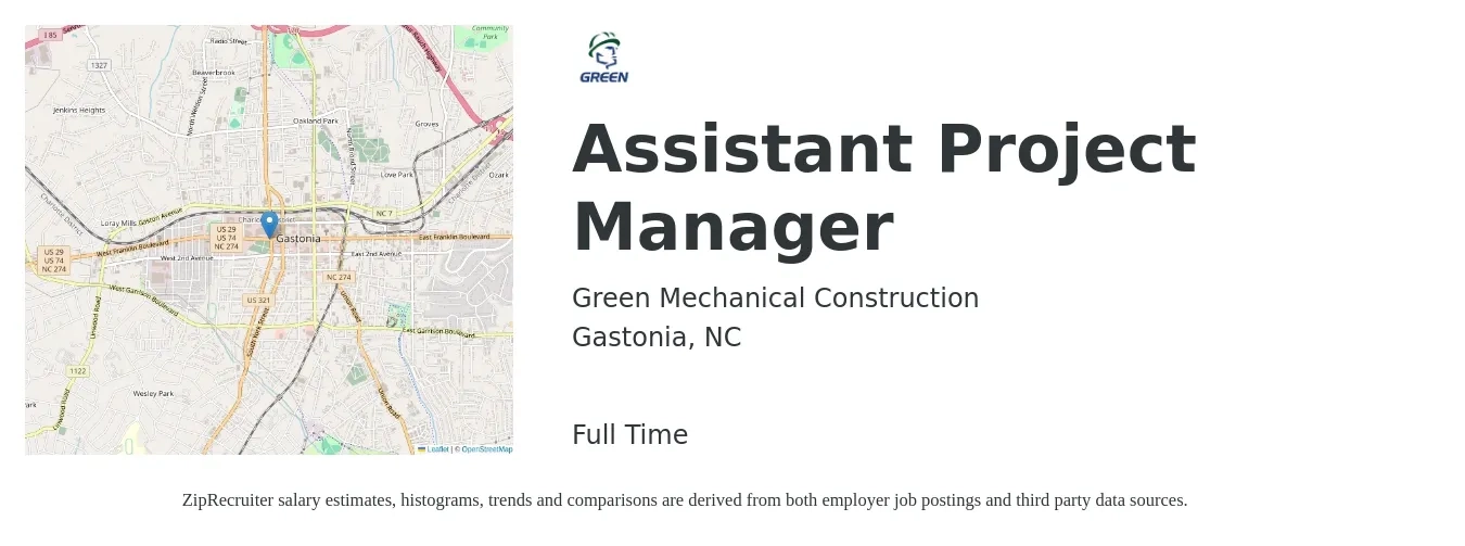 Green Mechanical Construction job posting for a Assistant Project Manager in Gastonia, NC with a salary of $48,900 to $80,400 Yearly with a map of Gastonia location.